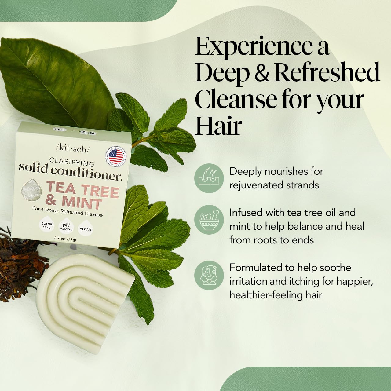 Kitsch Tea Tree & Mint Solid Natural Hair Conditioner Bar for Curly Wavy Fine Hair, Clarifying & Cleansing Organic Conditioner, Hair Color Safe, Zero Waste, Vegan, Eco Friendly, Sulfate Free, 2.7 oz
